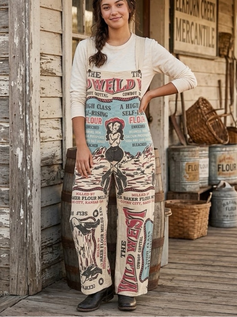 Vintage Sack | 100% Cotton Overalls Western Boho Cowgirl Graphic Wide Leg - NWOT